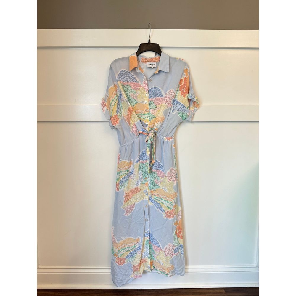 FRNCH blue printed button down‎ belted midi dress euc size small